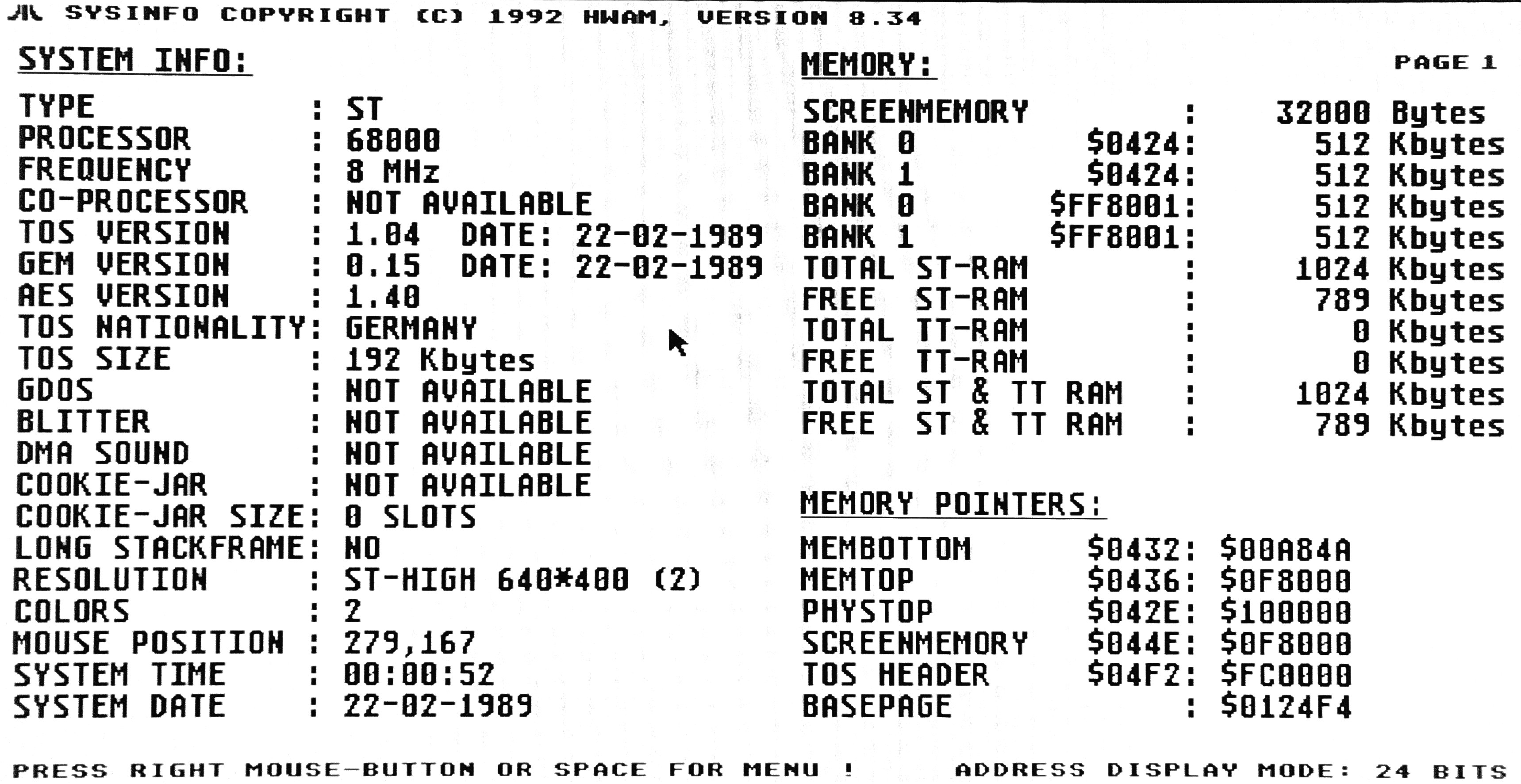 System information of the Atari 260ST