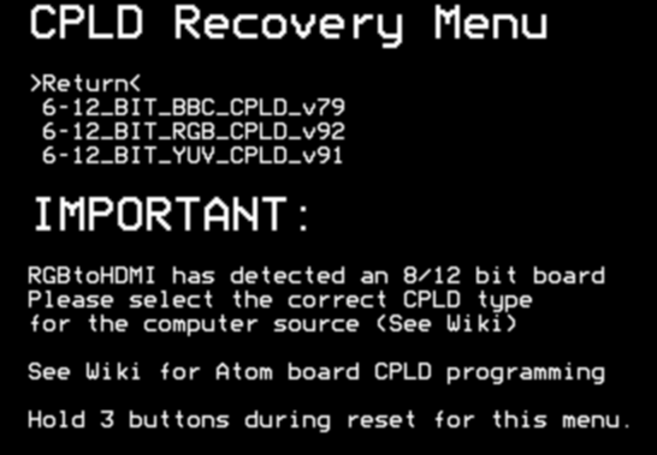 The CPLD Recovery Menu to select the correct programming.