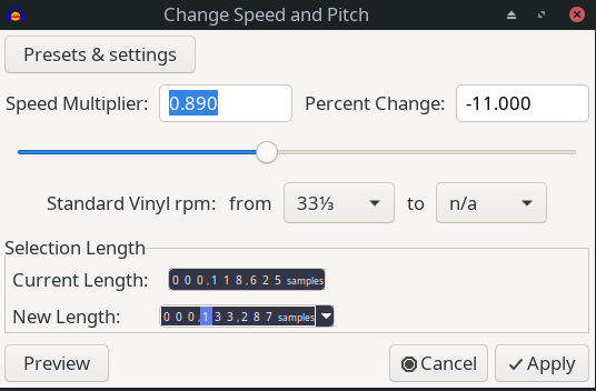 Dialogue to change speed and pitch